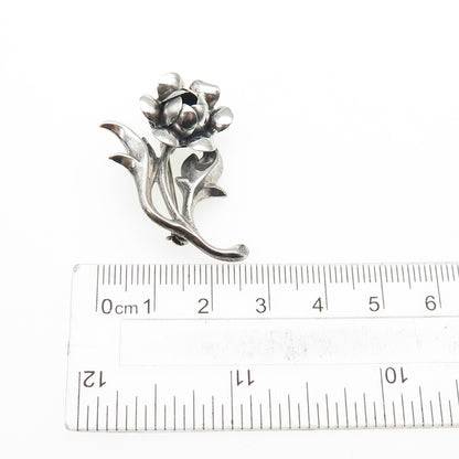 BEAU 925 Sterling Silver Vintage Rose Flower Oxidized Pin Brooch