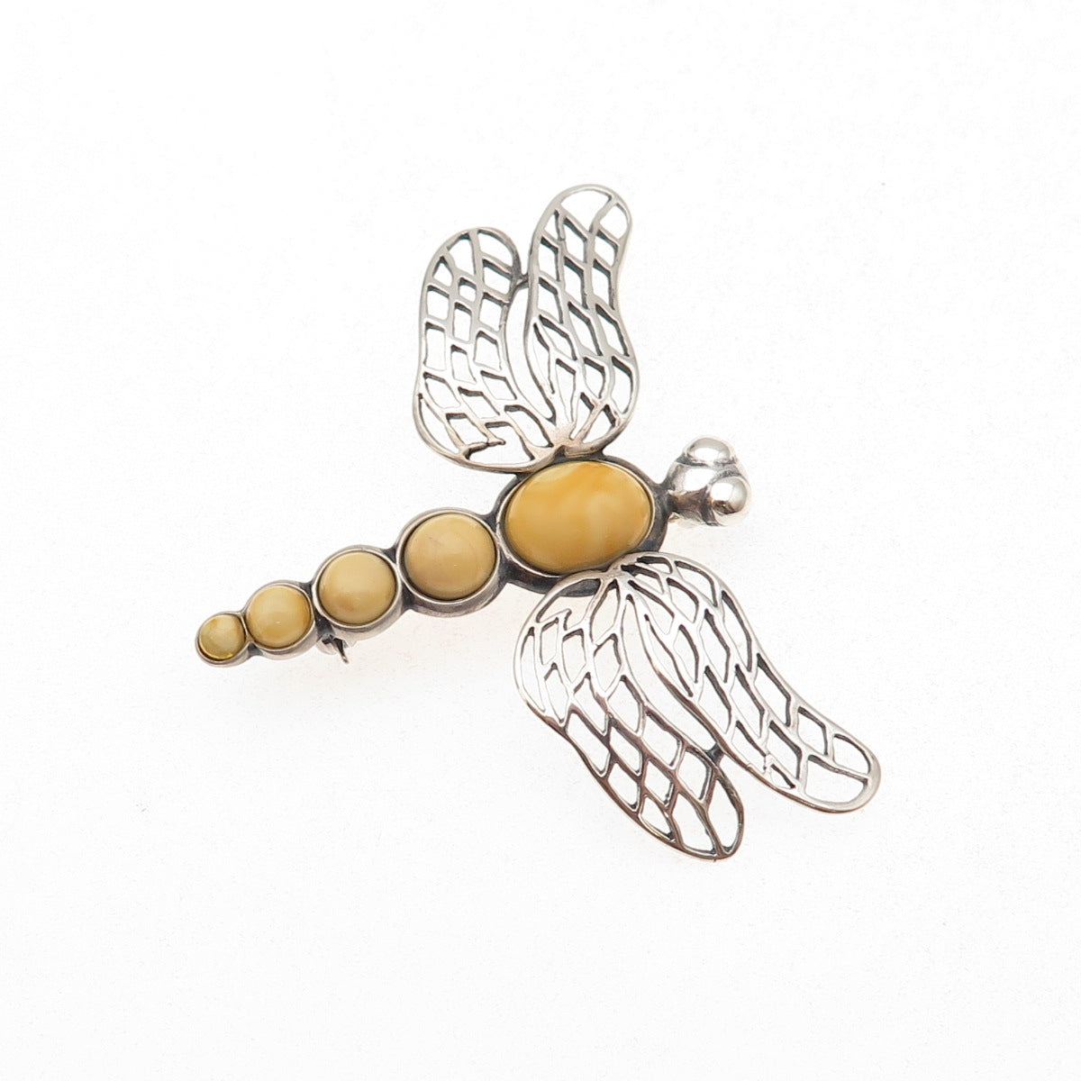 925 Sterling Silver Vintage Real Butterscotch Amber Dragonfly Pin Brooch