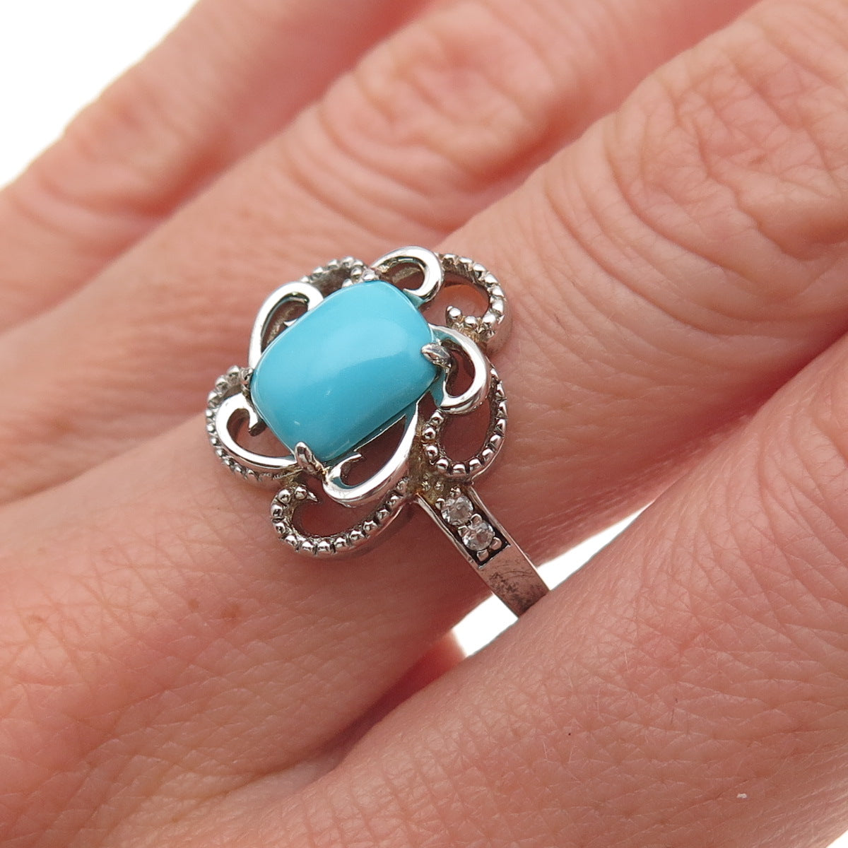 925 Sterling Real Sleeping Beauty Turquoise & White Topaz Floral Ring Size 8