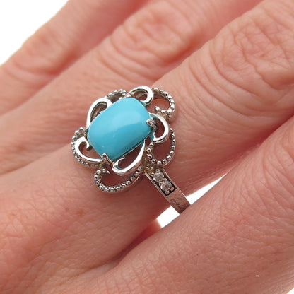 925 Sterling Real Sleeping Beauty Turquoise & White Topaz Floral Ring Size 8
