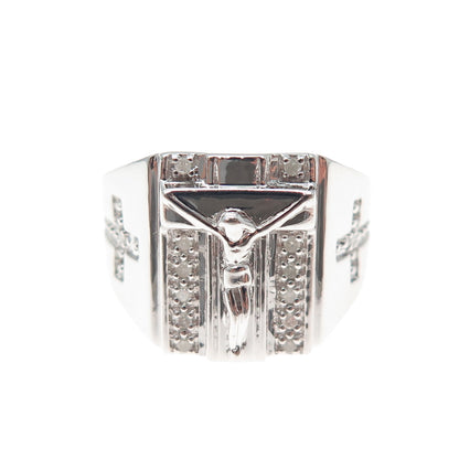 SETA 925 Sterling Silver Real Round-Cut Diamond Crucifix Cross Ring Size 10