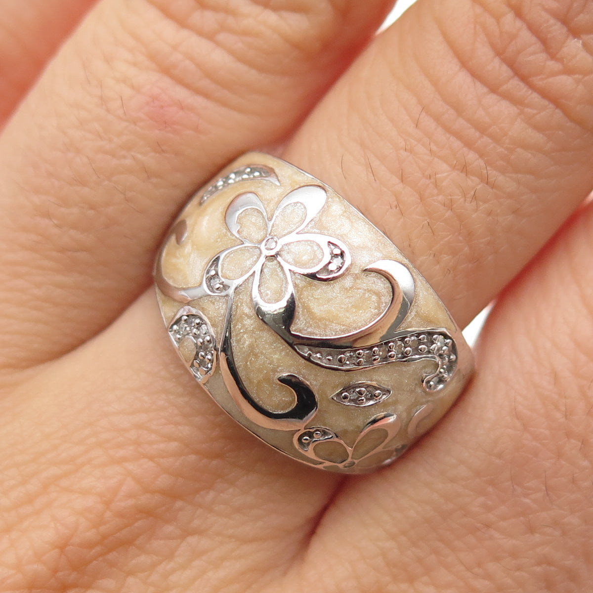 JANE SEYMOUR 925 Sterling Silver Enamel Real Diamond Flower Ring Size 8.25