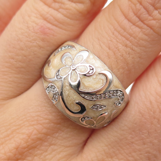 JANE SEYMOUR 925 Sterling Silver Enamel Real Diamond Flower Ring Size 8.25