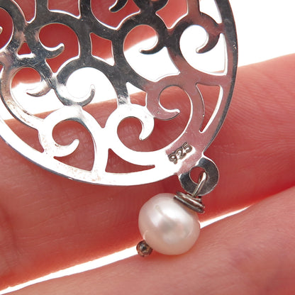 925 Sterling Silver Real Pearl Scroll Dangle Earrings