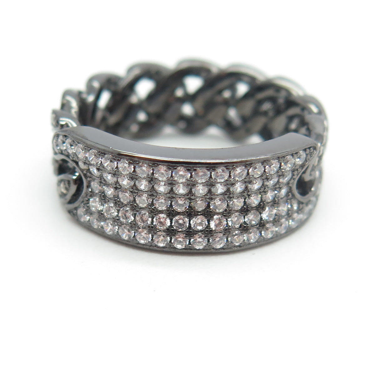 925 Sterling Silver Pave C Z Cuban Chain Band Ring Size 7