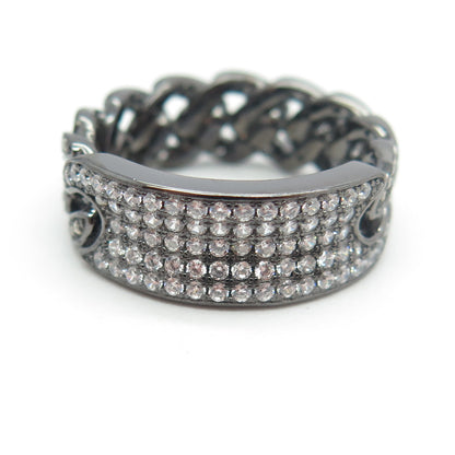 925 Sterling Silver Pave C Z Cuban Chain Band Ring Size 7