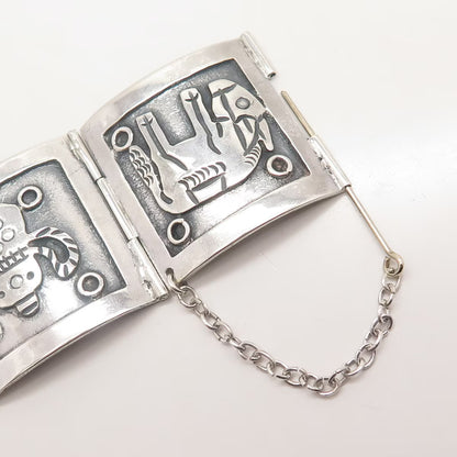 925 Sterling Silver Vintage Mexican Storyteller Wide Panel Link Bracelet 7.25"
