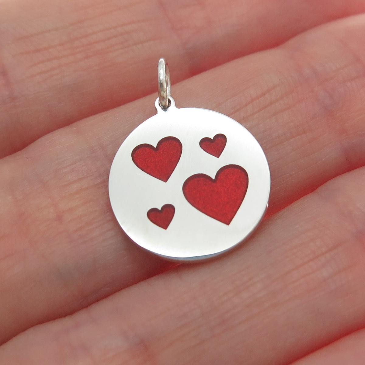 925 Sterling Silver Red Enamel Family Heart Round Tag Minimalist Charm Pendant