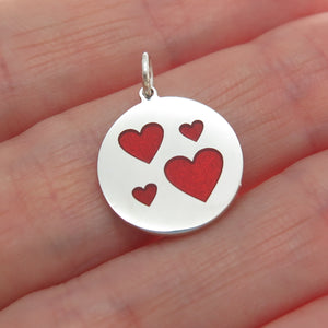 925 Sterling Silver Red Enamel Family Heart Round Tag Minimalist Charm Pendant