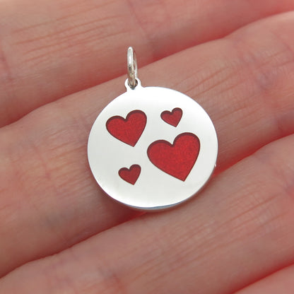 925 Sterling Silver Red Enamel Family Heart Round Tag Minimalist Charm Pendant