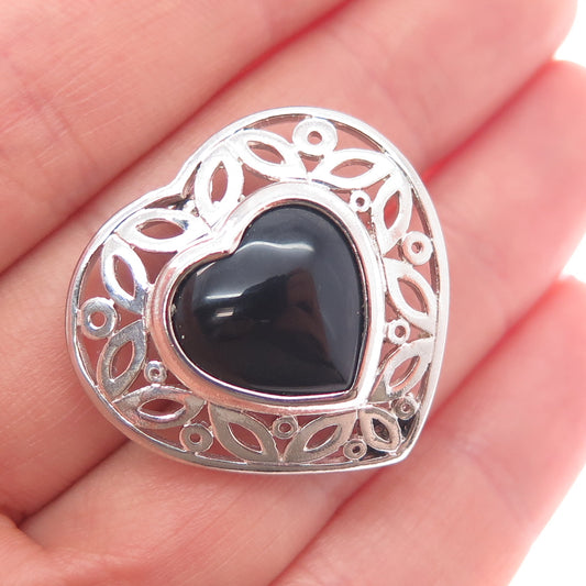 925 Sterling Silver Vintage Real Black Onyx Ornate Heart Pin Brooch