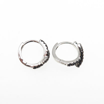 925 Sterling Silver Round-Cut Black C Z Crisscross Hoop Earrings