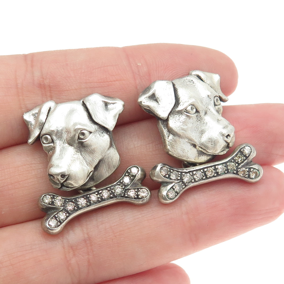 925 Sterling Silver Vintage Real Round-Cut Diamond Jack Russell Dog Cufflinks