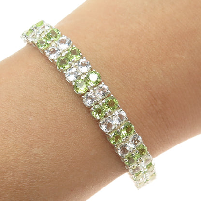 925 Sterling Silver Real Round-Cut Light Blue Topaz Peridot Cluster Bracelet 8"