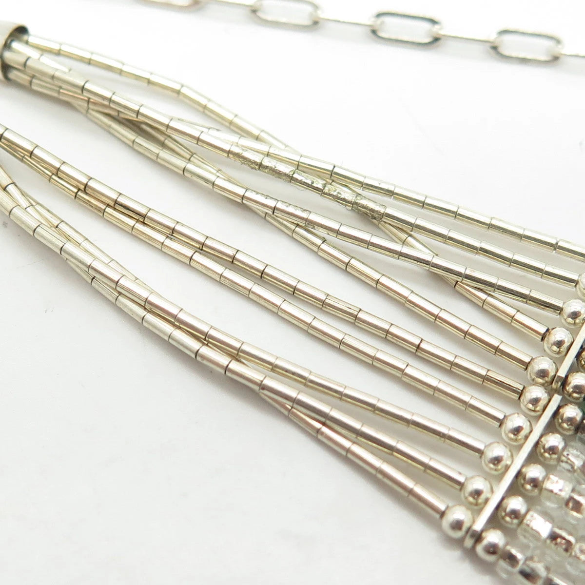 925 Sterling Silver Vintage White Green Beads 5-Row Liquid Chain Necklace 12-18"