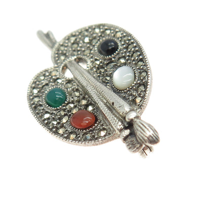 925 Sterling Silver Vintage MOP Black Onyx Carnelian Tourmaline Gem Pin Brooch