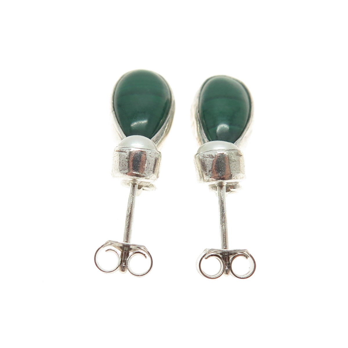 925 Sterling Silver Vintage Real Pearl & Malachite Gemstone Drop Earrings