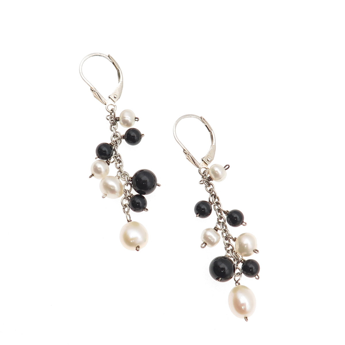 925 Sterling Silver Vintage Real Pearl & Black Onyx Ball Beads Dangle Earrings