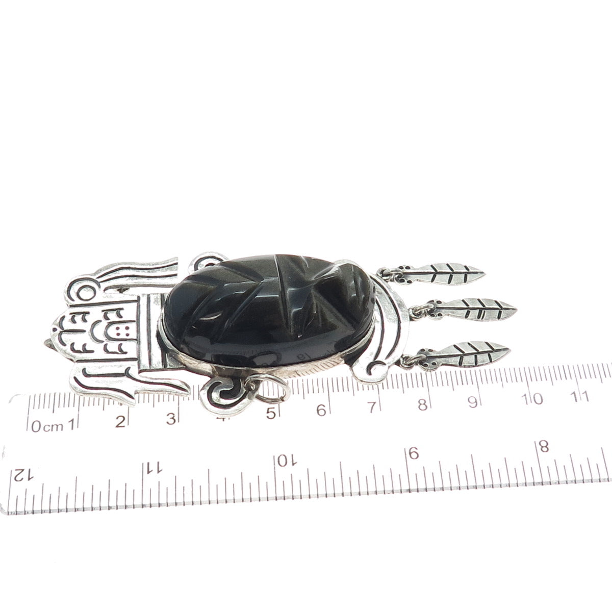 925 Sterling Vintage Mexico Real Golden Sheen Obsidian Carved Tribal God Pendant