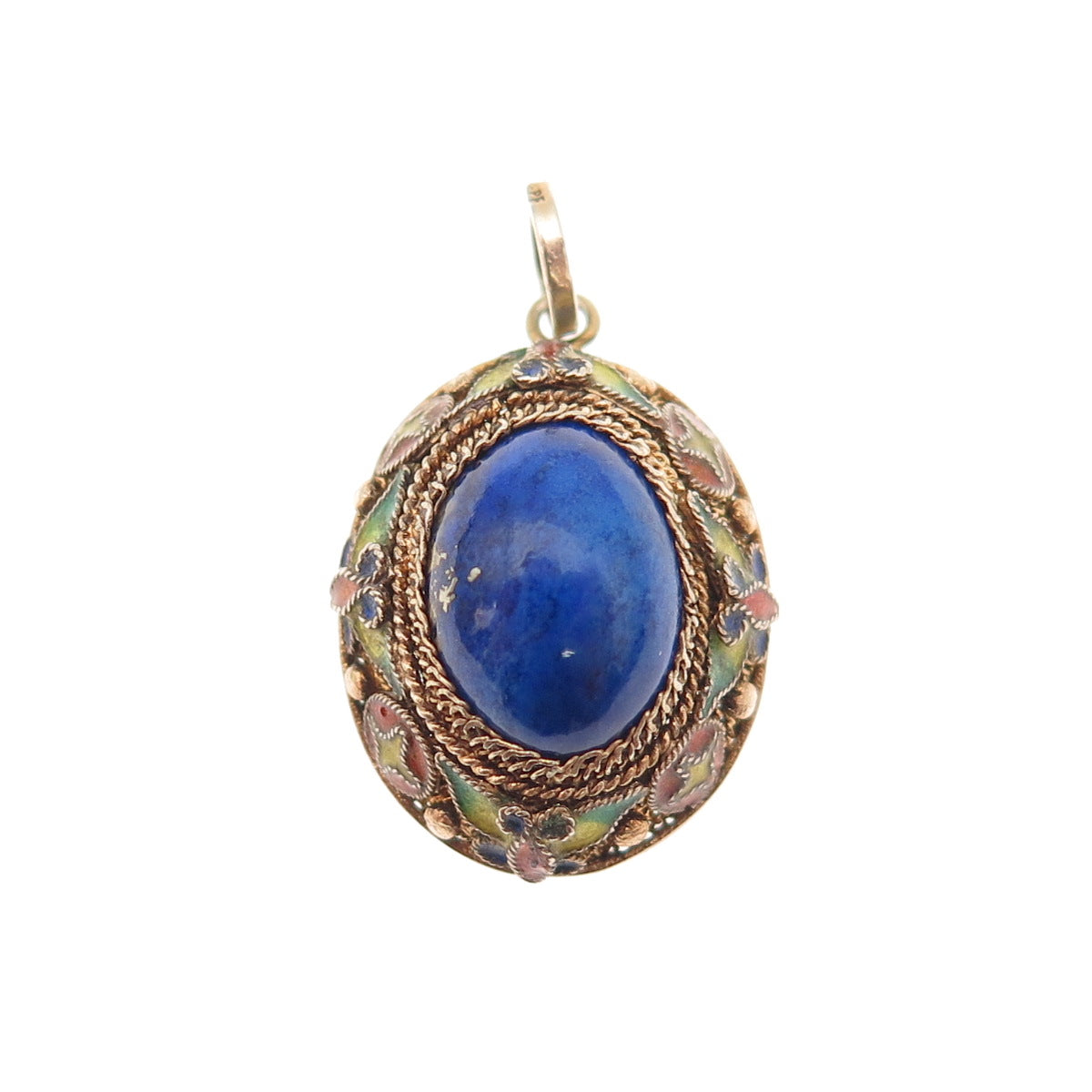 925 Sterling Silver Gold Plated Vintage Enamel Real Lapis Floral Charm Pendant