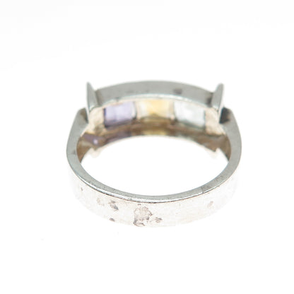 925 Sterling Silver Vintage Real Amethyst Blue & Yellow Topaz Gem Ring Size 6.25