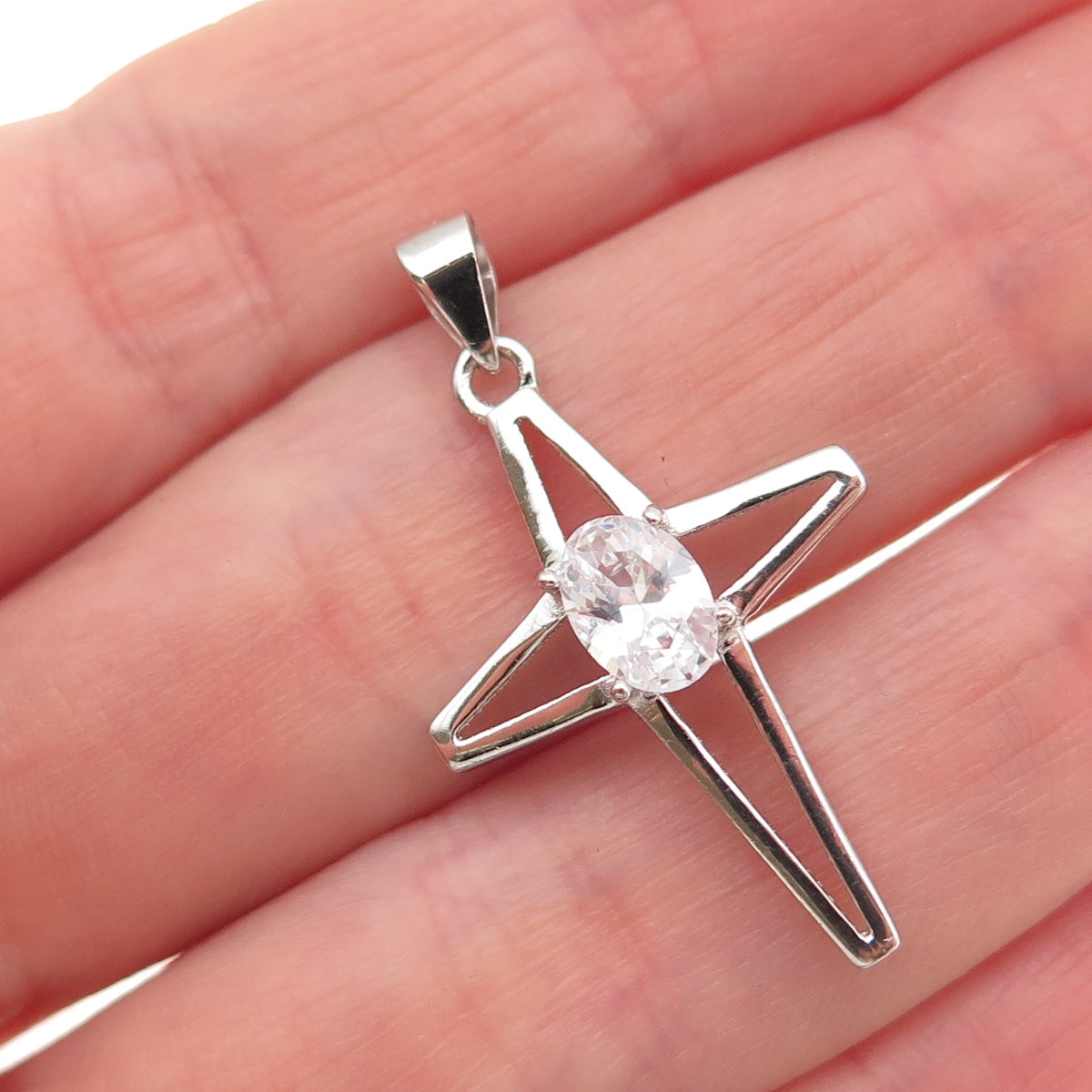 925 Sterling Silver Oval-Cut C Z North Star Cross Charm Pendant