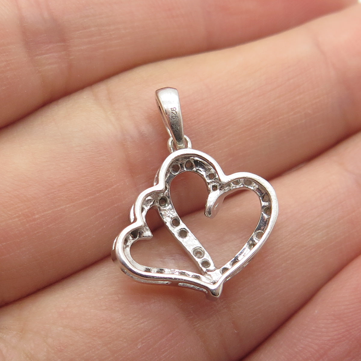 925 Sterling Silver Real Round-Cut Diamond Double Open Heart Pendant