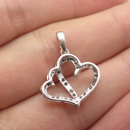 925 Sterling Silver Real Round-Cut Diamond Double Open Heart Pendant