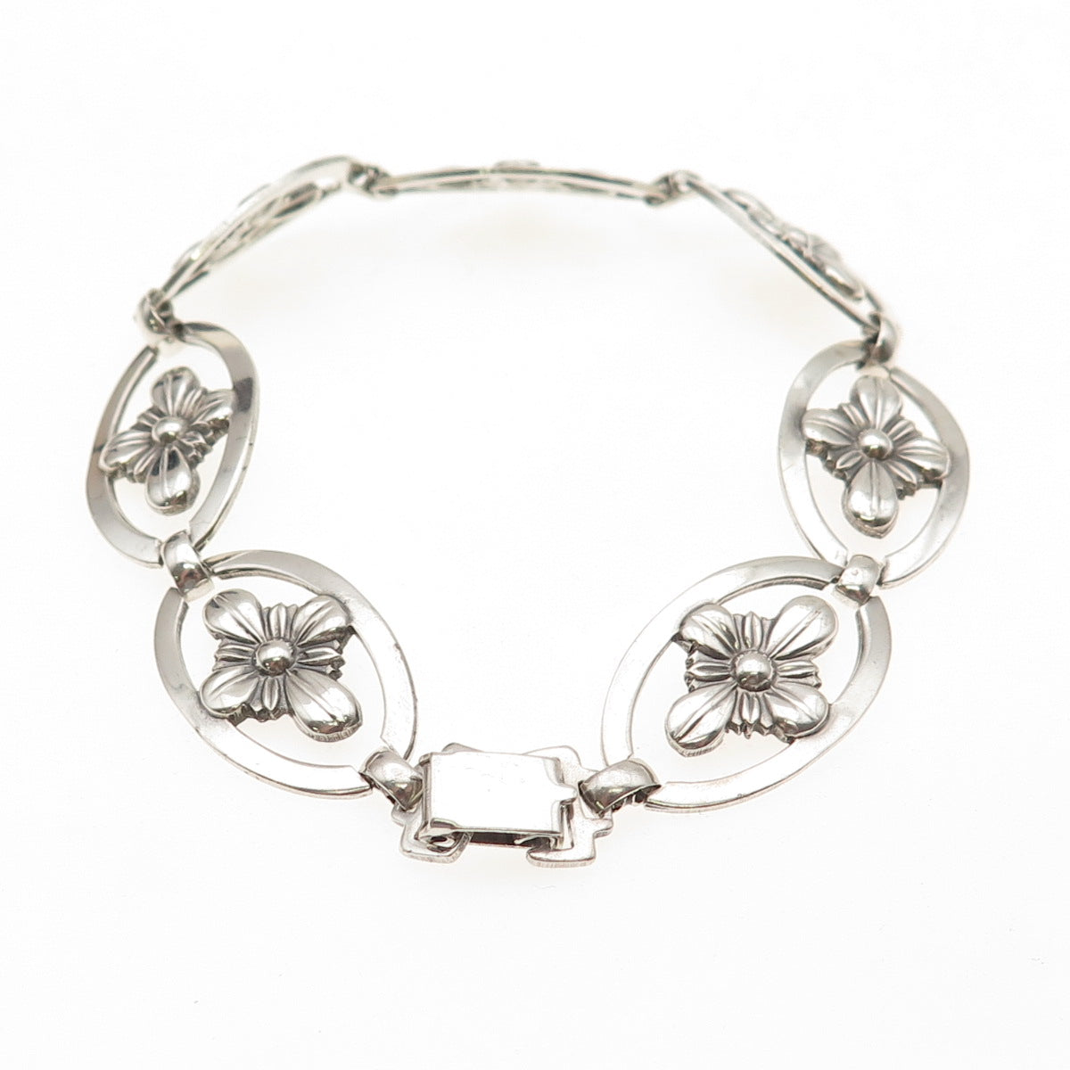 925 Sterling Silver Antique Art Deco Floral Oxidized Bracelet 7.25"