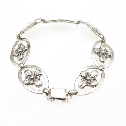 925 Sterling Silver Antique Art Deco Floral Oxidized Bracelet 7.25"