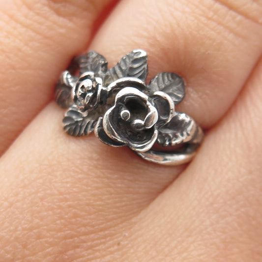 925 Sterling Silver Vintage Rose Flower Oxidized Ring Size 4.5