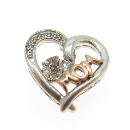 10K Rose Gold & Sterling Silver Real Round-Cut Diamond Mom Heart Slide Pendant