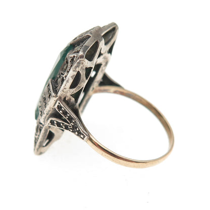 925 Sterling Antique Green Onyx & Marcasite Ring Size 7.75 (missing 25 stones)
