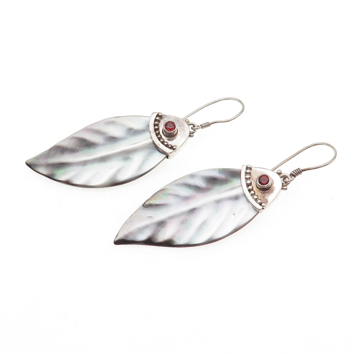 SAJEN Sterling Silver Vintage Real Abalone Shell & Garnet Floral Dangle Earrings