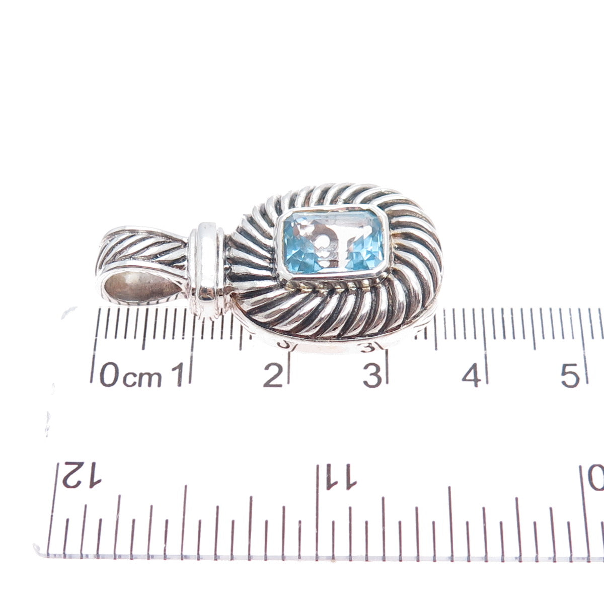 925 Sterling Silver Vintage Real Emerald-Cut Blue Topaz Oxidized Charm Pendant