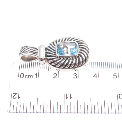 925 Sterling Silver Vintage Real Emerald-Cut Blue Topaz Oxidized Charm Pendant