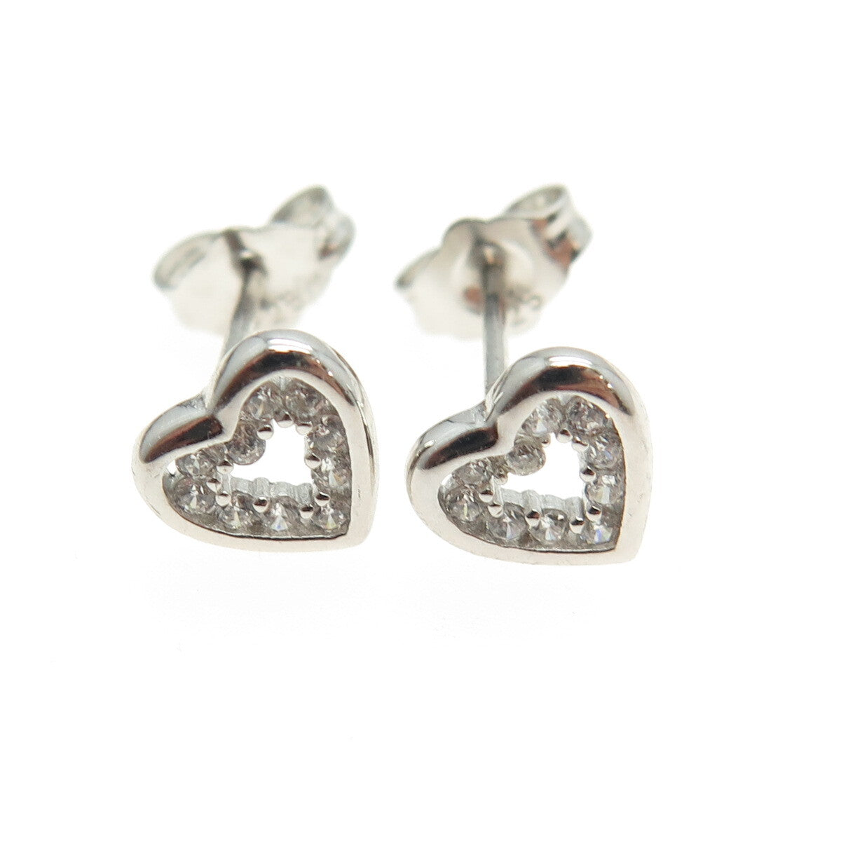 925 Sterling Silver Round-Cut C Z Heart Stud Earrings
