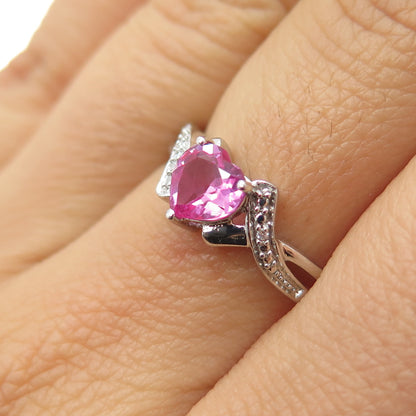 925 Sterling Silver Real Heart-Cut Pink Topaz & C Z Ring Size 7