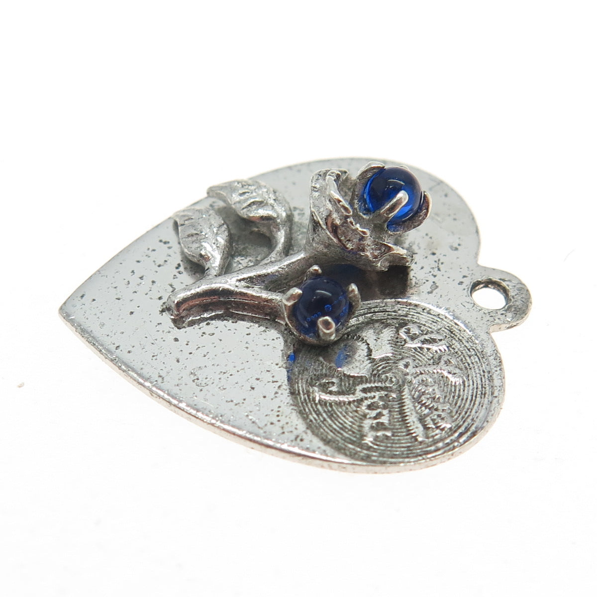 925 Sterling Silver Vintage M&M Blue Glass "I Love You" Rose Heart Pendant