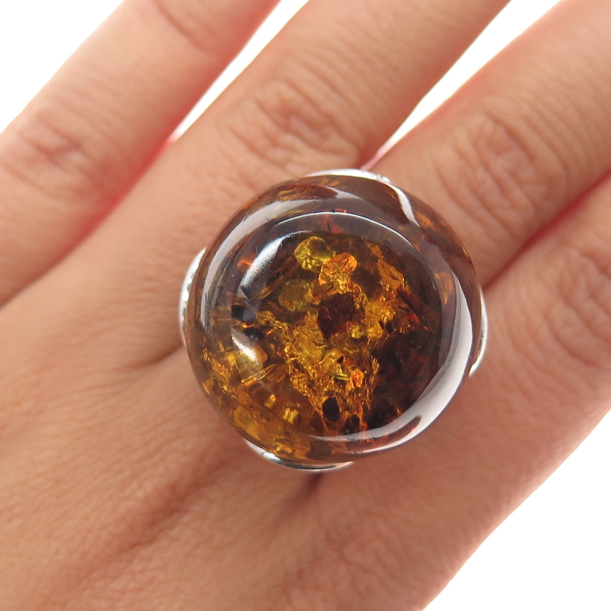 925 Sterling Silver Vintage Real Amber Modernist Ring Size 8.25