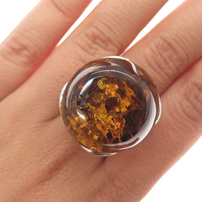 925 Sterling Silver Vintage Real Amber Modernist Ring Size 8.25