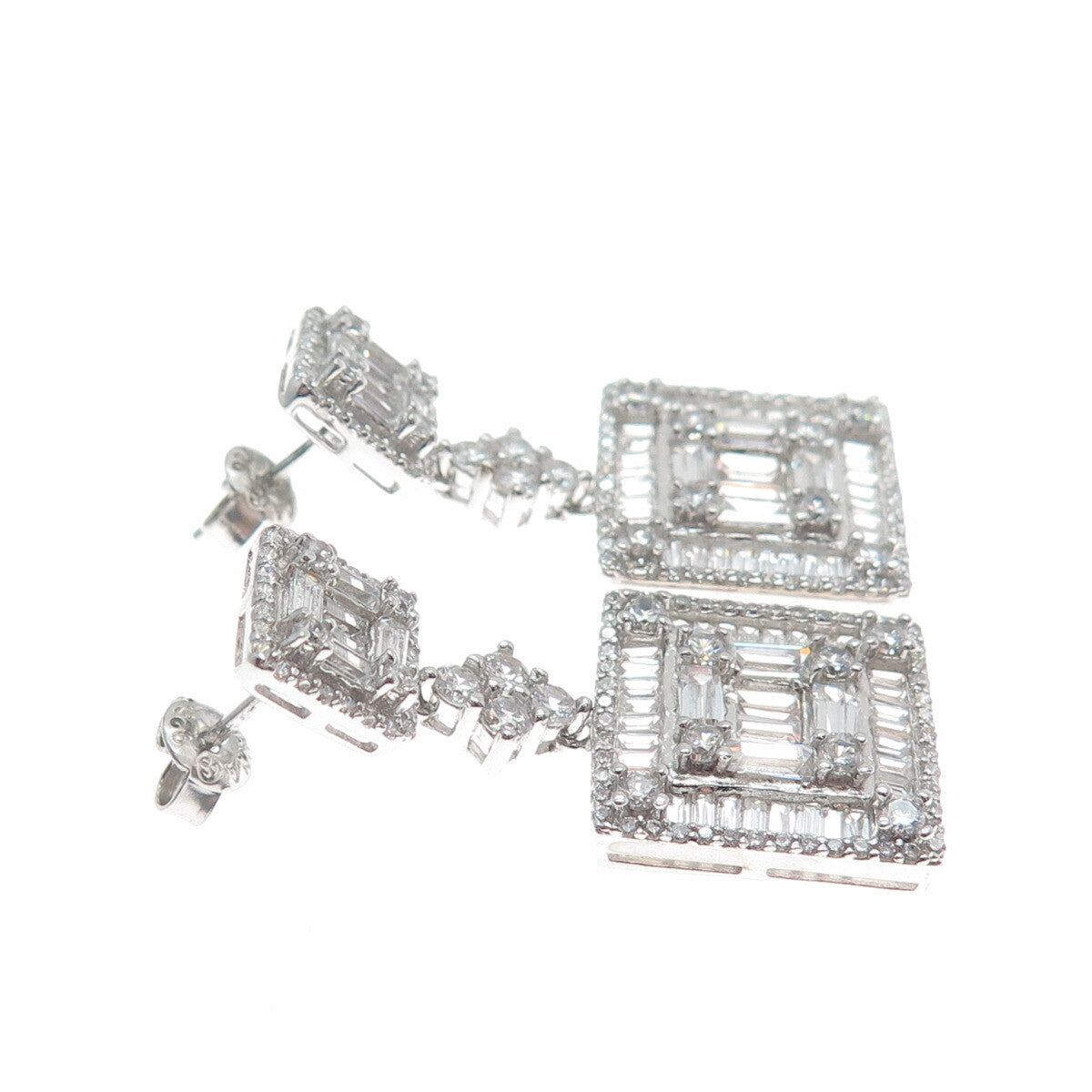 925 Sterling Silver Round & Baguette-Cut C Z Dangle Earrings
