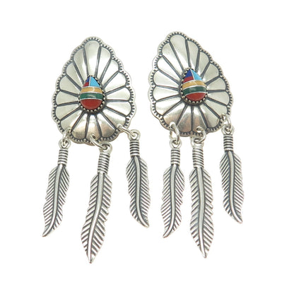 WHEELER MFG 925 Sterling Silver Vintage Southwestern Multi-Gem Feather Earrings