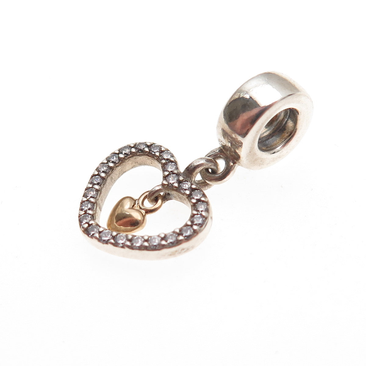 Pandora 925 Sterling Silver Gold Accent C Z Forever in My Heart Dangle Charm
