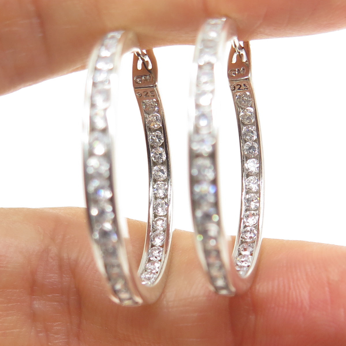 925 Sterling Silver Round-Cut C Z In & Out Hoop Earrings