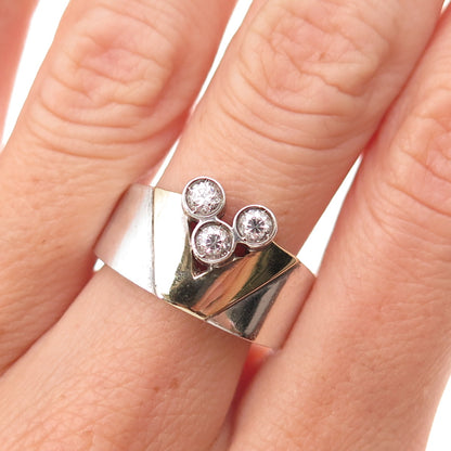 925 Sterling Silver 14K Gold Vintage Round-Cut C Z Modernist Ring Size 7.75