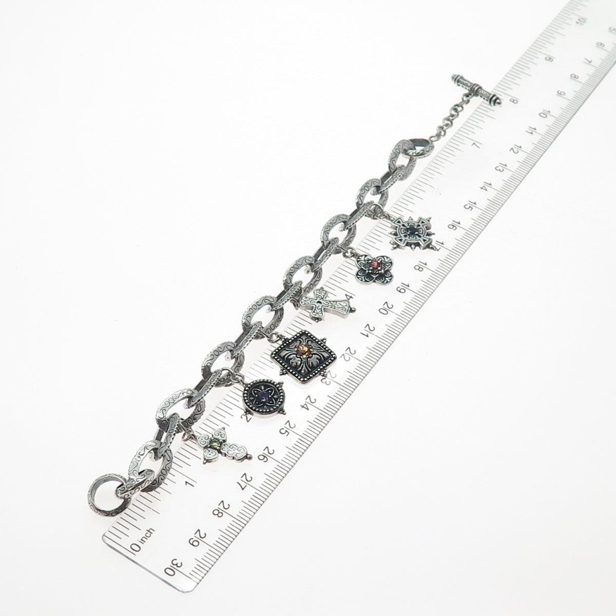 SAMUEL BENHAM BJC Sterling Silver Vintage Real Multi-Gem Cross Bracelet 6.75"