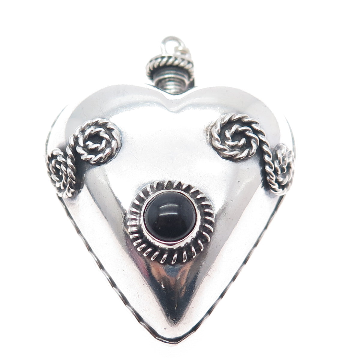 925 Sterling Silver Vintage Mexico Real Black Onyx Heart Perfume Bottle Pendant