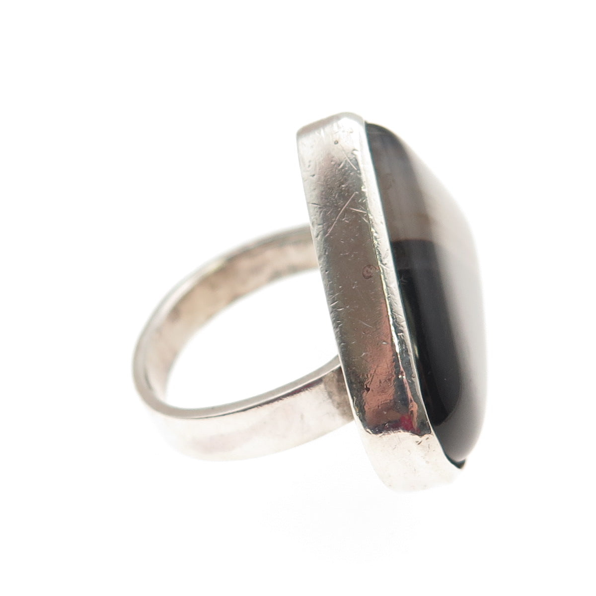 925 Sterling Silver Vintage Real Black Agate Modernist Ring Size 5.5