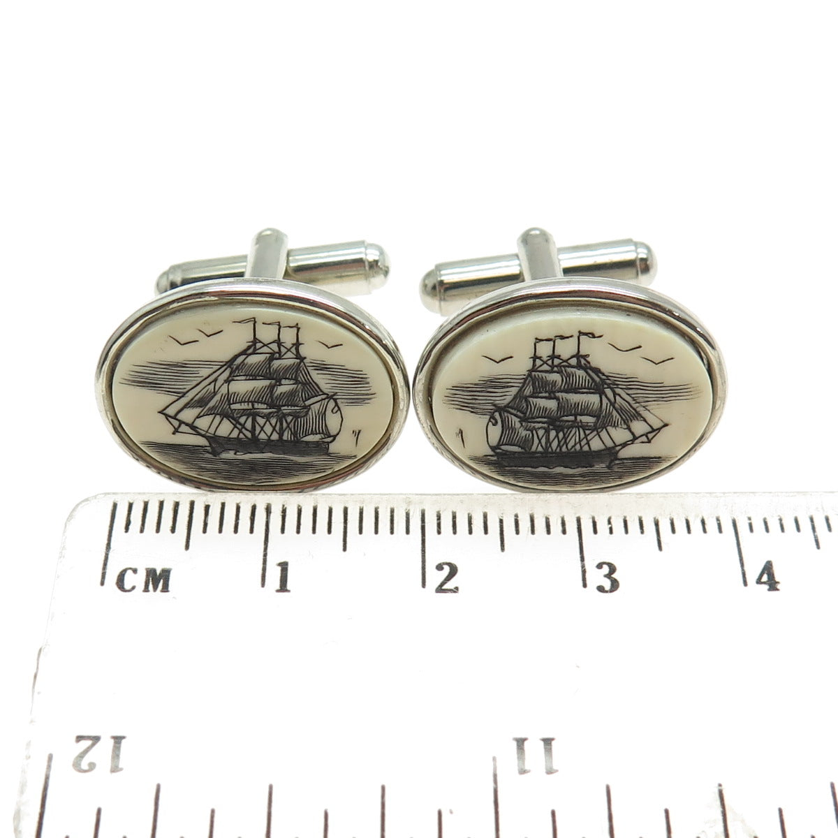 925 Sterling Silver Vintage Carved Ship Oval Cufflinks